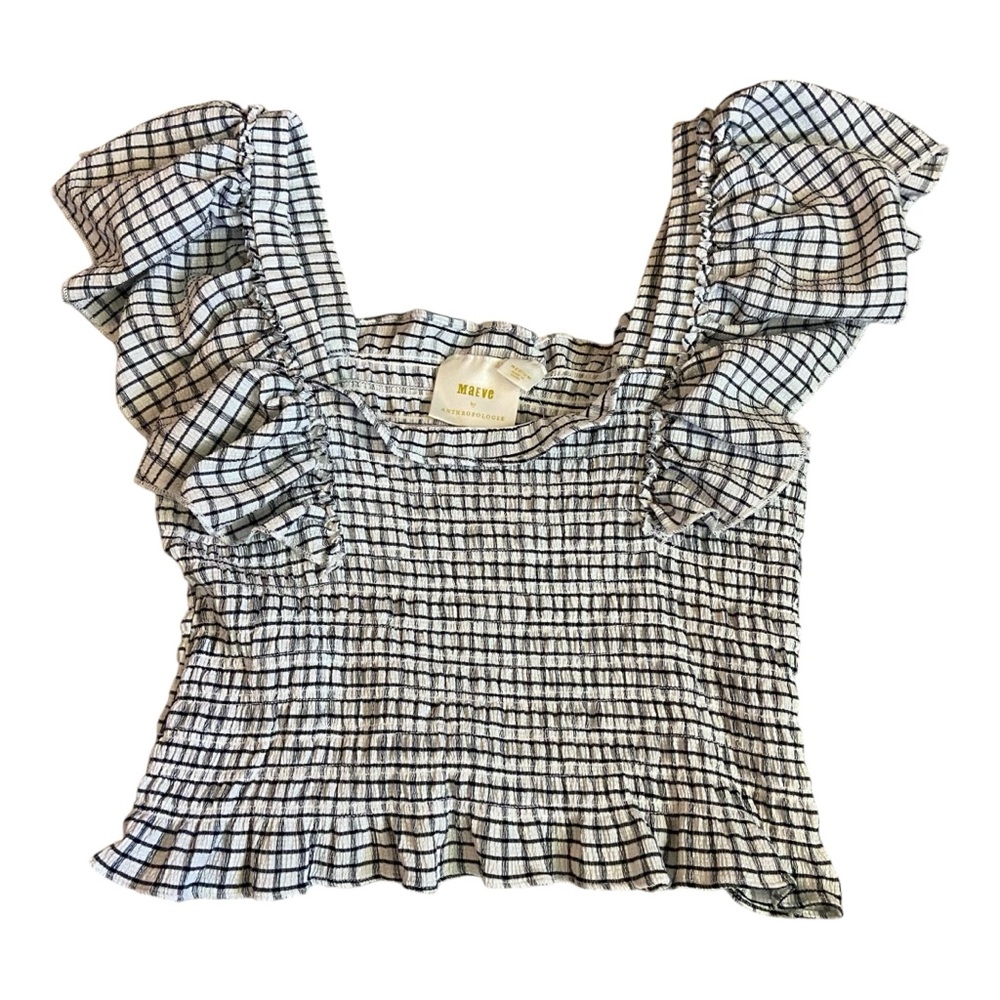 Anthropologie Maeve Black and White Smocked Ruffle Sleeve Top